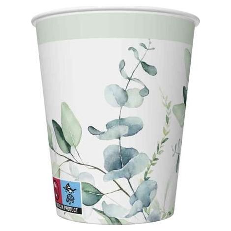 Bicchieri di carta con motivo a foglie di eucalipto, 250 ml, confezione da 8 pezzi.