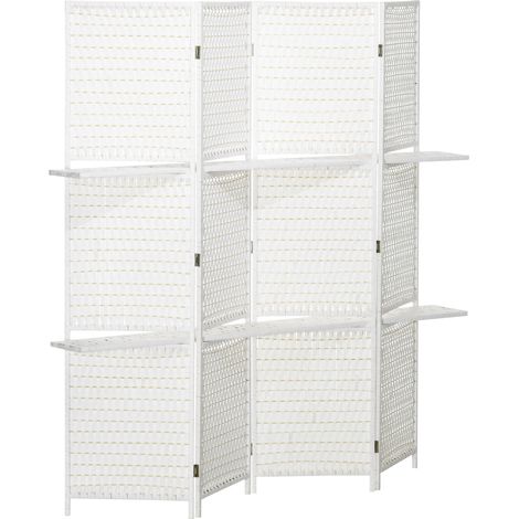 Faltbarer, weißer Stroh-Paravent mit 4 Paneelen, Raumteiler mit 2 Ablagen, leichte und praktische dekorative Trennwand für Wohn- oder Schlafzimmer.