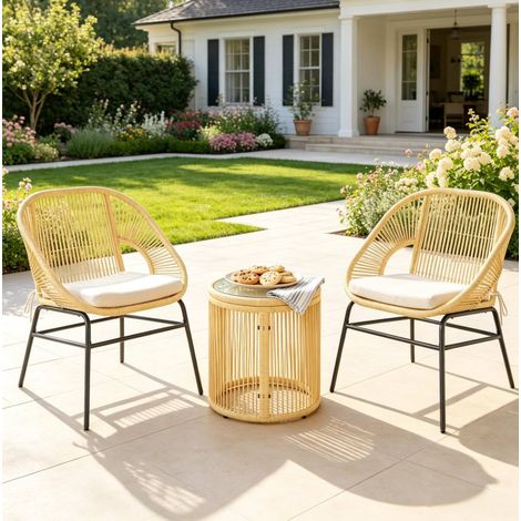 2-teiliges Gartenmöbel-Set mit 2 Sesseln, rundem Tisch und beigen Kissen (1/5)