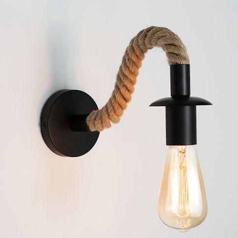 Aplique de pared vintage de cuerda de cáñamo, ideal como aplique de pared de estilo industrial, casquillo E27, bombilla no incluida, 110/220V (Negro) (1/5)