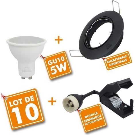 Set di 10 faretti LED ad incasso totale orientabili NERI con lampadina GU10 230V 5W  Température de Couleur: Bianco caldo 2700K