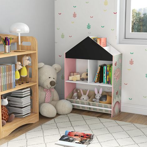 Scaffale Portagiochi per Bambini con Lavagna, Mobile per Cameretta con Cassetti Rimovibili e Ripiani, Arredamento per Bambini da Salotto e Asilo, Rosa (1/5)