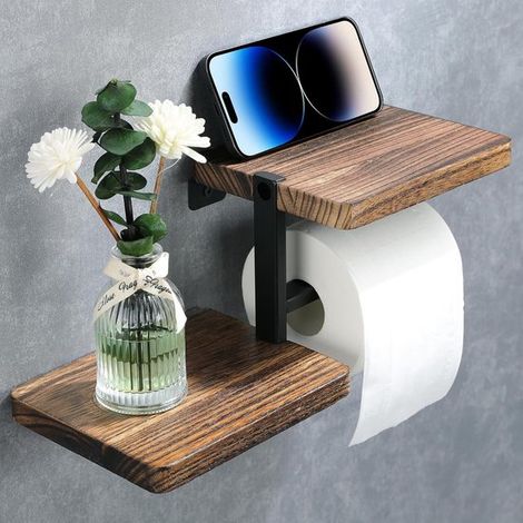 Portarrollos de papel higiénico de madera para pared, Soporte para papel higiénico de baño Portarrollos de papel higiénico madera pared estante (1/5)