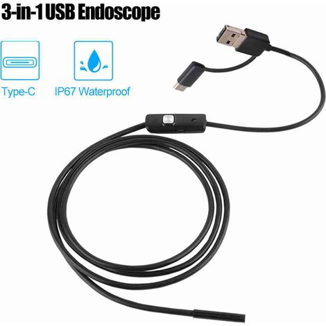 Endoscope industriel 3-en-1 caméra d'inspection flexible avec 6 LEDs intégrées étanche IP67 USB Micro-USB Type-C pour smartphones Android/PC (1/2)