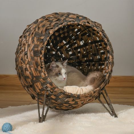 Maison pour chat en rotin avec coussin, lit pour chat, niche pour chat avec pieds surélevés, marron Ø52 x 58 cm (1/5)