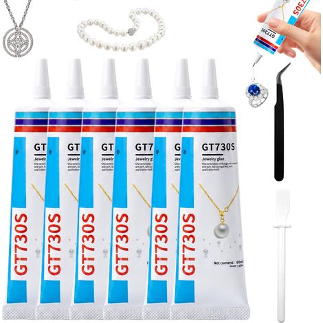 Lot de 6 colle à bijoux extra forte transparente de 60 ml avec pointe de précision, pince à épiler et bâtonnets, colle pour pierres à strass, colle pour réparation précise et bricolage quotidien (1/5)