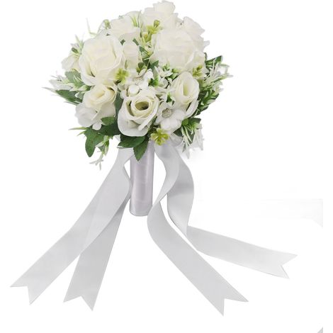Bouquets de mariée, bouquets de fleurs à la main en soie artificielle blanche pour la mariée, la fête de mariage et l'église