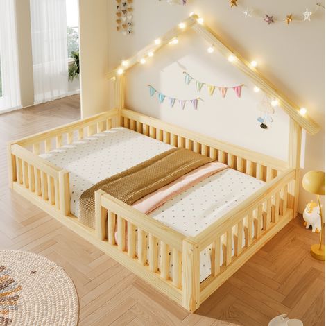 Lit cabane enfant 90x200 cm en bois avec barrière de sécurité et LED, naturel (1/5)