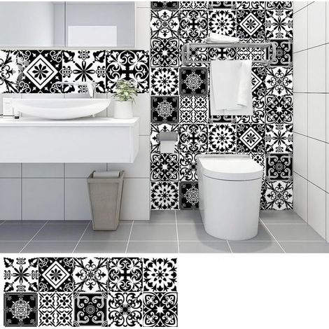 10pcs Fleurs Noires Autocollants Carrelage Cuisine Et Salle De Bain, Adhesif Pour Carrelage Mural, Imitation Faience,Décoration Murale Pvc Imperméable15X15Cm (1/2)