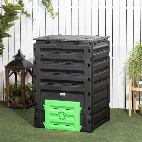 Composteur de jardin 450 L. bac composteur pour jardin. 80 aérations et 2 portes coulissantes. 69 x 71 x 103 cm. noir