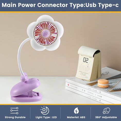 1 colour: purple material: ABS mini clip-on fan with flower-shaped night light and USB charging mini desk fan. (1/5)