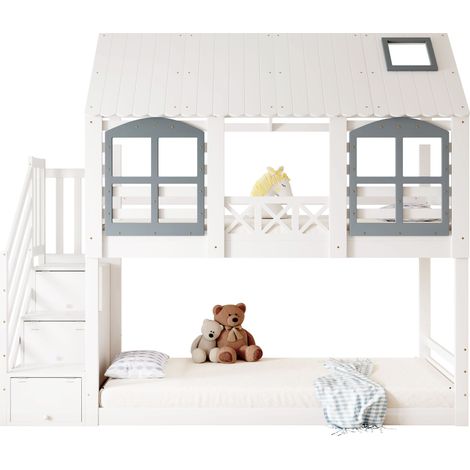 Letto a castello, lettino con tetto e finestra, porta di sicurezza, pino + mdf, bianco + grigio, 90x200cm (1/5)
