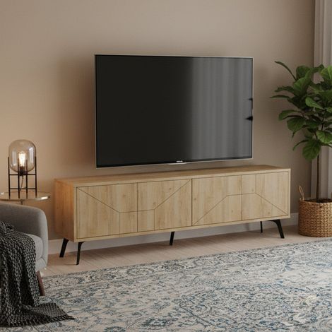 Dmora - Fernsehschrank Aljanah, Ständer für Wohnzimmerfernseher, Niedriges Wohnzimmer-Sideboard, TV-Ständerbasis, 180x30 h50 cm, Eiche (1/4)