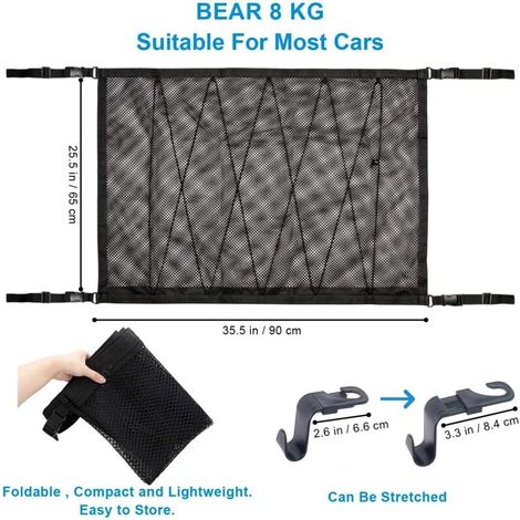 Filet Rangement Voiture 90cmx65cm, Multifonctionnel Organisateur avec Fermeture Éclair avec 2 Crochet de Siège Auto, Filet de Rangement Camping Car, Organiseur Voiture pour SUV, Jeep, Van