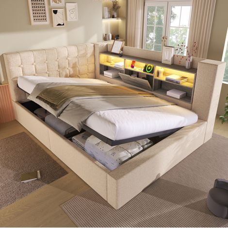 REDOM - Cama individual 90x200 con LED, almacenamiento hidráulico, cabecero en L reversible, lino gris (Sin colchón) (1/5)