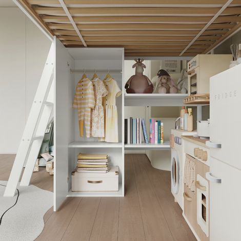 Lit superposé enfant avec toboggan, placard et étagère intégrés sous le lit, barrières 4 faces à motifs raffinés, pin + MDF + contreplaqué, blanc + naturel, 90x200 cm (1/5)