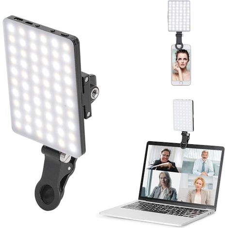 Lampe de visioconférence rechargeable haute puissance à 60 LED avec clip, 3 modes d'éclairage frontaux et réglables, idéale pour téléphone, iPad, maquillage, TikTok, selfies et vlogs. (1/5)