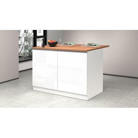 Ilot de cuisine central 125 cm blanc brillant/chêne wotan Solena