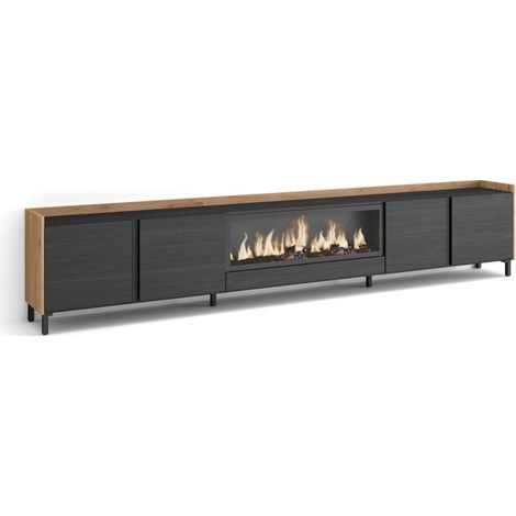 Mueble TV Alfarnate-02 de 315x61x35 cm con chimenea eléctrica XXL, diseño industrial, color negro y roble (1/4)