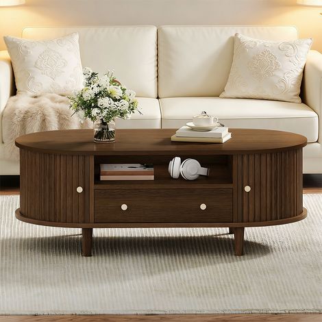 Table Basse Ovale 100x50x36 cm avec Tiroir, Rangement Ouvert et Porte Coulissante - MDF Effet Noyer - Salon (1/5)