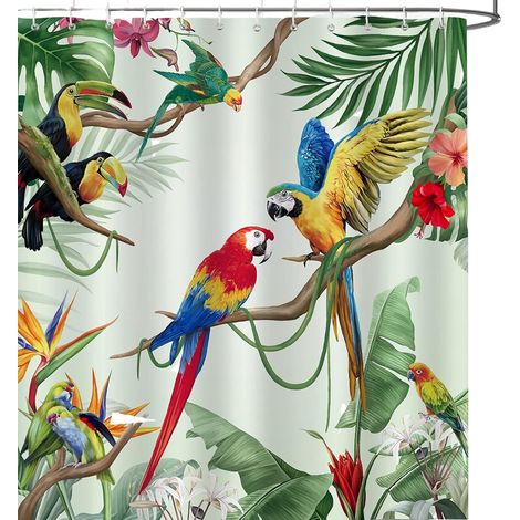 Rideau De Douche - 180 X 180 Cm - Polyester Impermeable - Motif Perroquet - 12 Crochets (1/5)