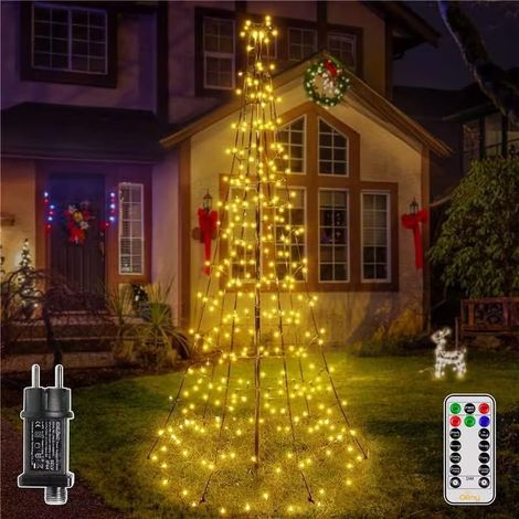 Guirlande lumineuse pour sapin de Noël, 1,8 m, 202 LED, minuterie, intensité réglable, 8 modes, étanche IP44, câble noir, mât et clous anti-vent inclus (blanc chaud) (1/5)