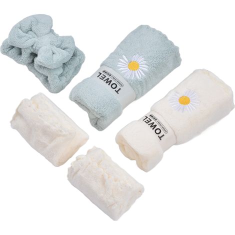 Set aus 7 bestickten Gänseblümchen-Handtüchern, weichem Mikrofaser-Turban und wasserabsorbierender Geschenkbox.