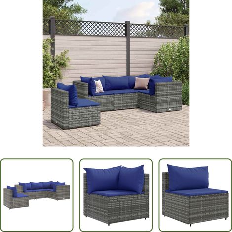 vidaXL Rattanmöbel - 5-tlg. Garten-Lounge-Set mit Kissen Grau Poly Rattan (1/5)