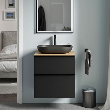 Badmöbel Unterschrank Bernstein LAVOA 60cm Badmöbel: Schwarz matt, Waschtischplatte: Eiche honiggold, Metallgriff: Schwarz matt