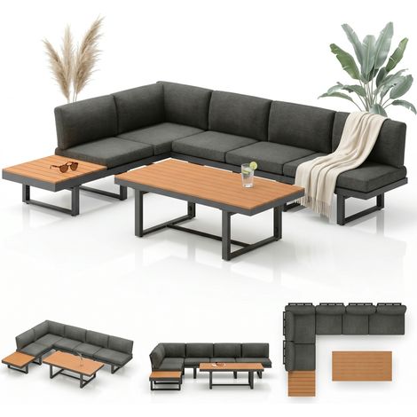 Conjunto de salón Sofá esquinero de aluminio con función reclinable resistente a la intemperie Conjunto de comedor Muebles de jardín Oasis de relajación Sofá Conjunto de asientos Muebles de exterior