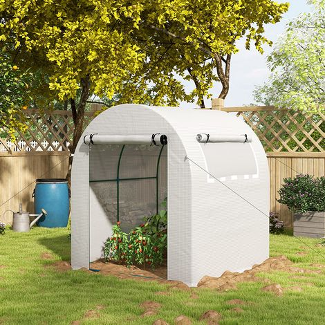 Gartengewächshaus 180x180x200 cm Kleines Tunnelgewächshaus mit Rolltor und Netzfenster, weiß
