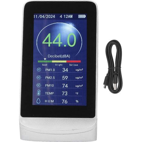 Sonomètre mural avec écran LCD, indicateur de niveau sonore 30–130 dB, niveau de bruit, heure, température, humidité, PM 2.5, 1.0, 10, Te (1/4)