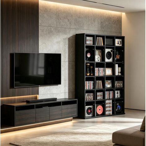 Mueble de almacenaje para CD/DVD negro 89 x 20 x 130,5 cm con estantes regulables DESVIAE (1/5)