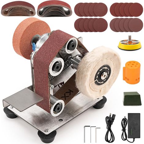 Mini Ponceuse à Bande électrique Kit d'affûtage de Couteau, Petite Meuleuse d'établi, 7 Vitesses réglables, Pour le Travail du bois et du métal, la Bijouterie l'artisanat Polissage Meulage (1/5)