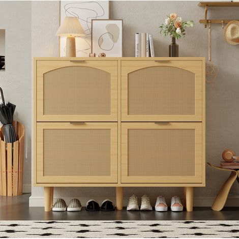 Scarpiera in truciolare rovere chiaro e rattan, 100 x 25 x 90 cm, 4 ante a ribalta, ripiani regolabili (1/5)