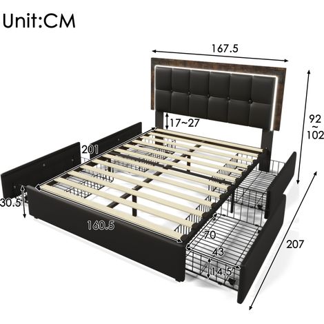 Cadre de lit double 160x200cm, têtière ajustable en hauteur, avec 4 tiroirs de rangement et bande lumineuse LED, revêtement en similicuir noir, lit fonctionnel (matelas non inclus)