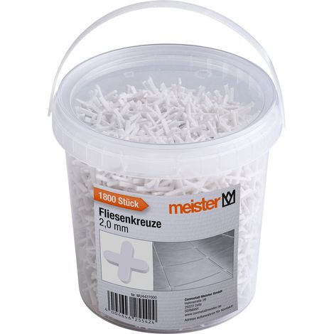 Meister Distanziatori per piastrelle da 2,0 mm, pratico set da 1800 pezzi, in robusto polipropilene, colore bianco, accessori per piastrelle, supporto per la posa delle piastrelle, croci di giunzione, (1/4)