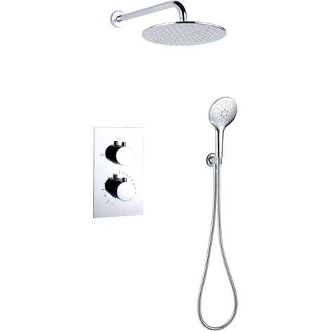 FugaFlow Eccelente Acces Ensemble de douche pluie encastré - thermostatique - bras mural - pomme de tête 25cm - douchette ronde - flexible de douche