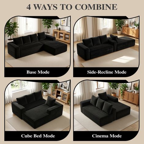 Canapé d'angle Cloud avec méridienne droite, convertible moderne à assise spacieuse, garni de velours côtelé moelleux, noir, sans montage requis, idéal pour salon et chambre, version rembourrée avec r (1/5)