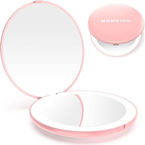 Miroir de Maquillage de Voyage éclairé par LED 1x/10x à grossissement Compact pour Sac à Main Poche Pliable 9cm Rose (1/3)