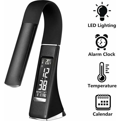 U2 5W LED desk lamp, dimmable screen, table lamp with alarm clock, calendar, time and temperature display, bedside lamp with 3 dimmable brightness levels, black [energy class A ++]  （black） (1/5)