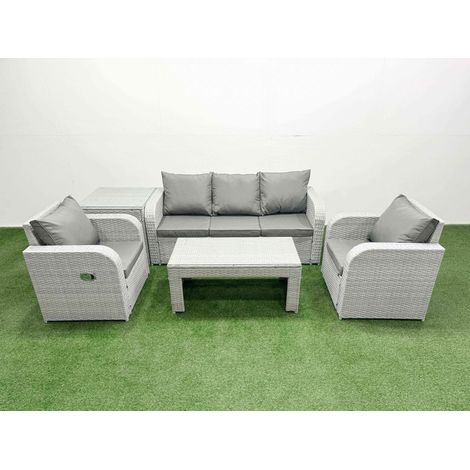 Fimous PE Rattan Garden Furniture Set Reclining Chair Sofa Lounge Sofa Set Rectangular Coffee Table Side Table Light Grey (1/4)