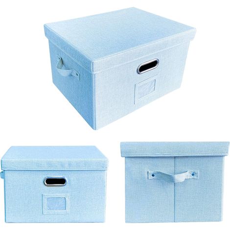 Lot de 2 boîtes de rangement pour documents de bureau avec couvercle, pliables et suspendues, en lin, avec poignée, format lettre ou légal, bleues. (1/3)