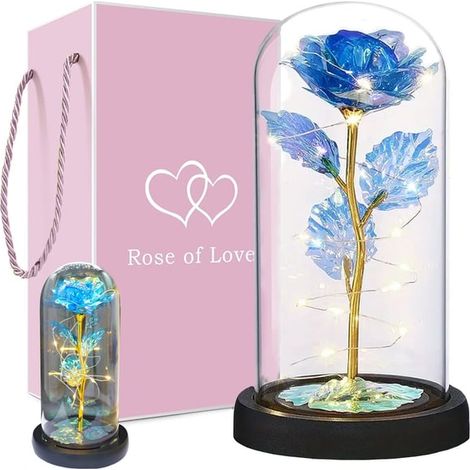 Rose éternelle sous verre, cadeau lumineux bleu LED pour la Journée de la femme (1/5)