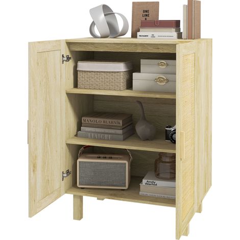 Buffet haut bohème 2 portes 3 étagères cannage 73x41x102 cm