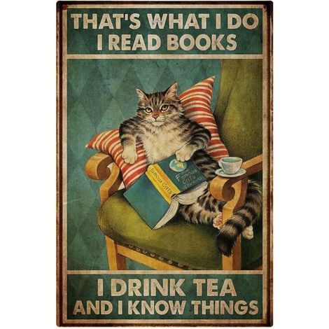 Plaque Métallique Rétro - Motif Chat Et Lecture De Livre Avec Thé - Décoration Murale Pour Salle De Bain Café Garage Bar - 30 X 20 Cm - 1 Pièce (1/5)