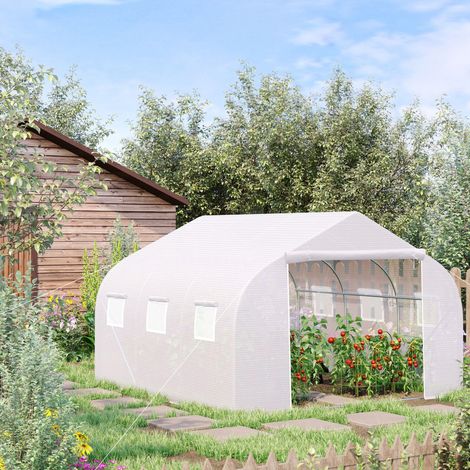 Serre tunnel jardin 4,5x3x2m - pour plantes fruits - porte roulante - châssis métallique - bâche PE - 6 fenêtres - blanc