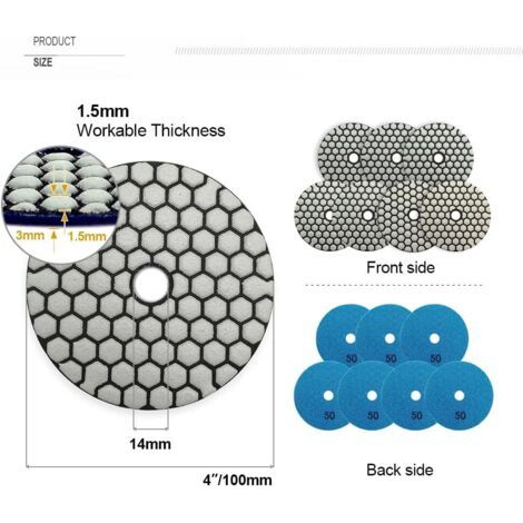7Pcs Disque Diamant de Polissage 4"/100mm Sec Diamant Polissage Pads pour Marbre, Granite, Pierre, Béton (50) (1/4)