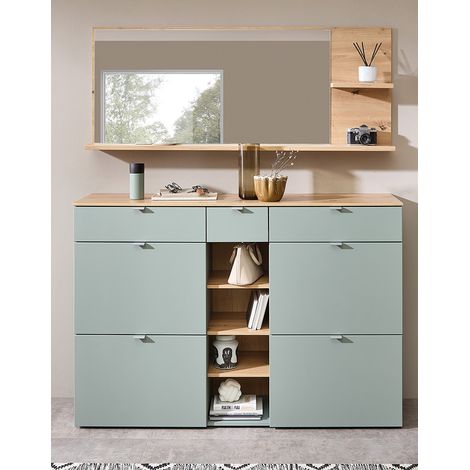Flurmöbel Set Spiegel mit Ablagen und Schuhschrank grün matt mit Eiche BLISS-36 (1/5)