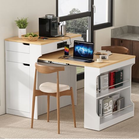 Isola cucina centrale allungabile 55-153x80x93 cm con prese, 2 cassetti e contenitore, mobile cucina MDF - bianco (1/5)